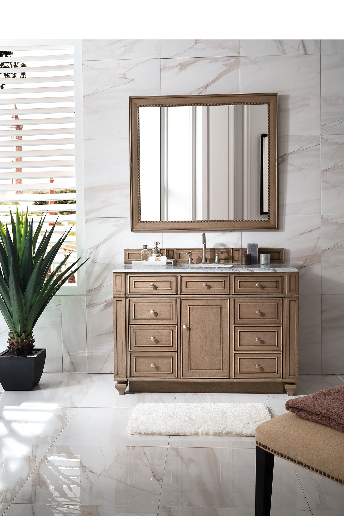 Bristol 48" Single Vanity, Whitewashed Walnut w/ 3 CM Carrara Marble Top