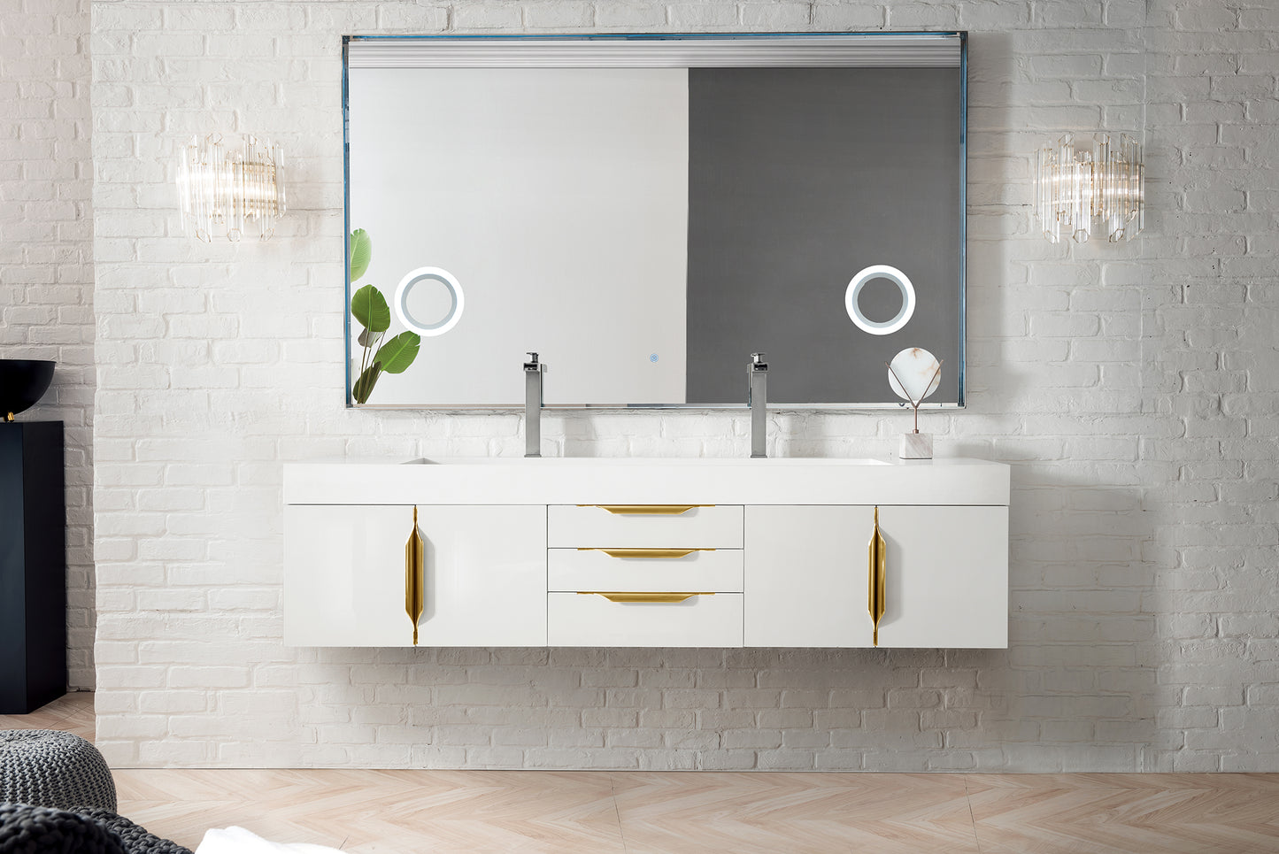 Mercer Island 72" Double Vanity, Glossy White, Radiant Gold w/ Glossy White Composite Stone Top