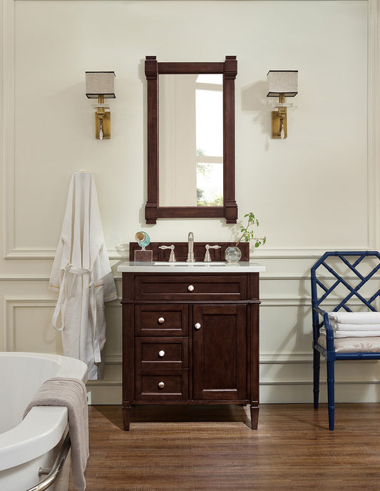 Brittany 30" Single Vanity, Burnished Mahogany w/ 3 CM Carrara Marble Top