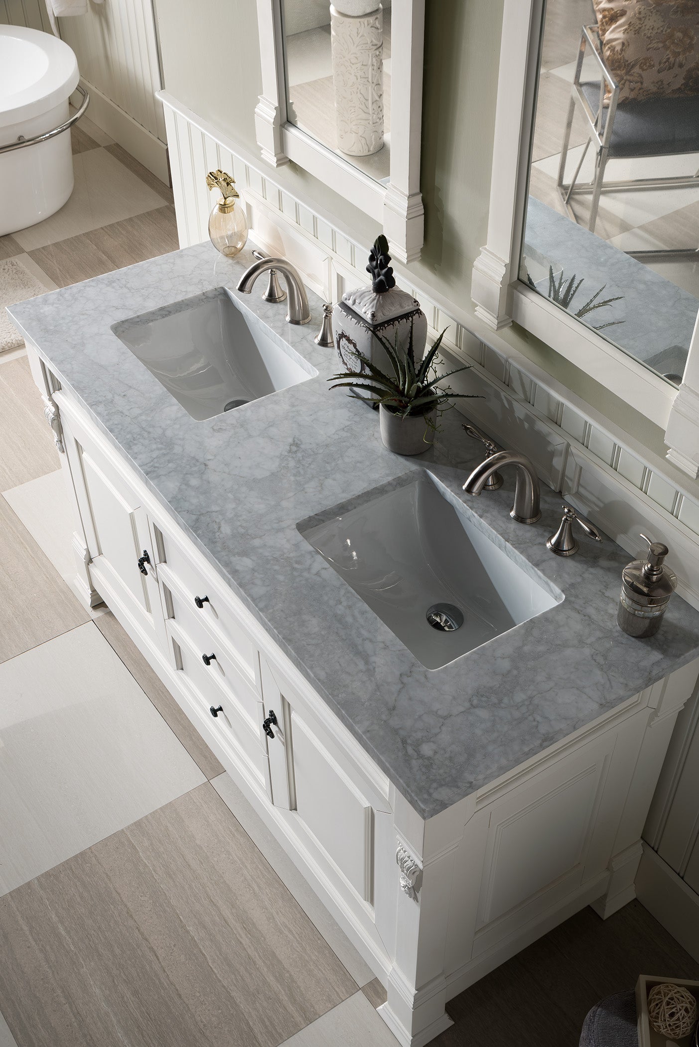 Brookfield 60" Double Vanity, Bright White w/ 3 CM Carrara Marble Top