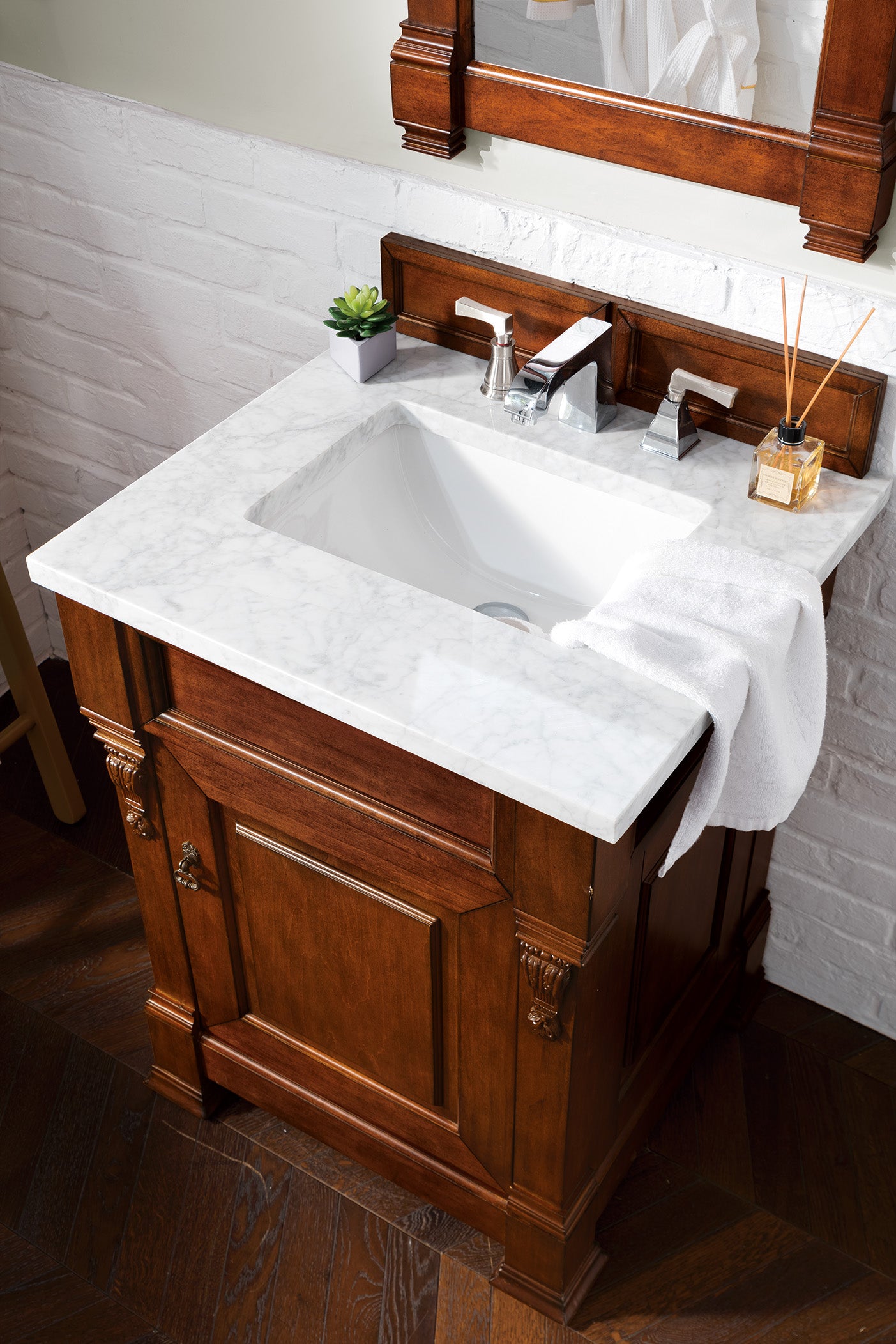 Brookfield 26" Single Vanity, Warm Cherry w/ 3 CM Carrara Marble Top