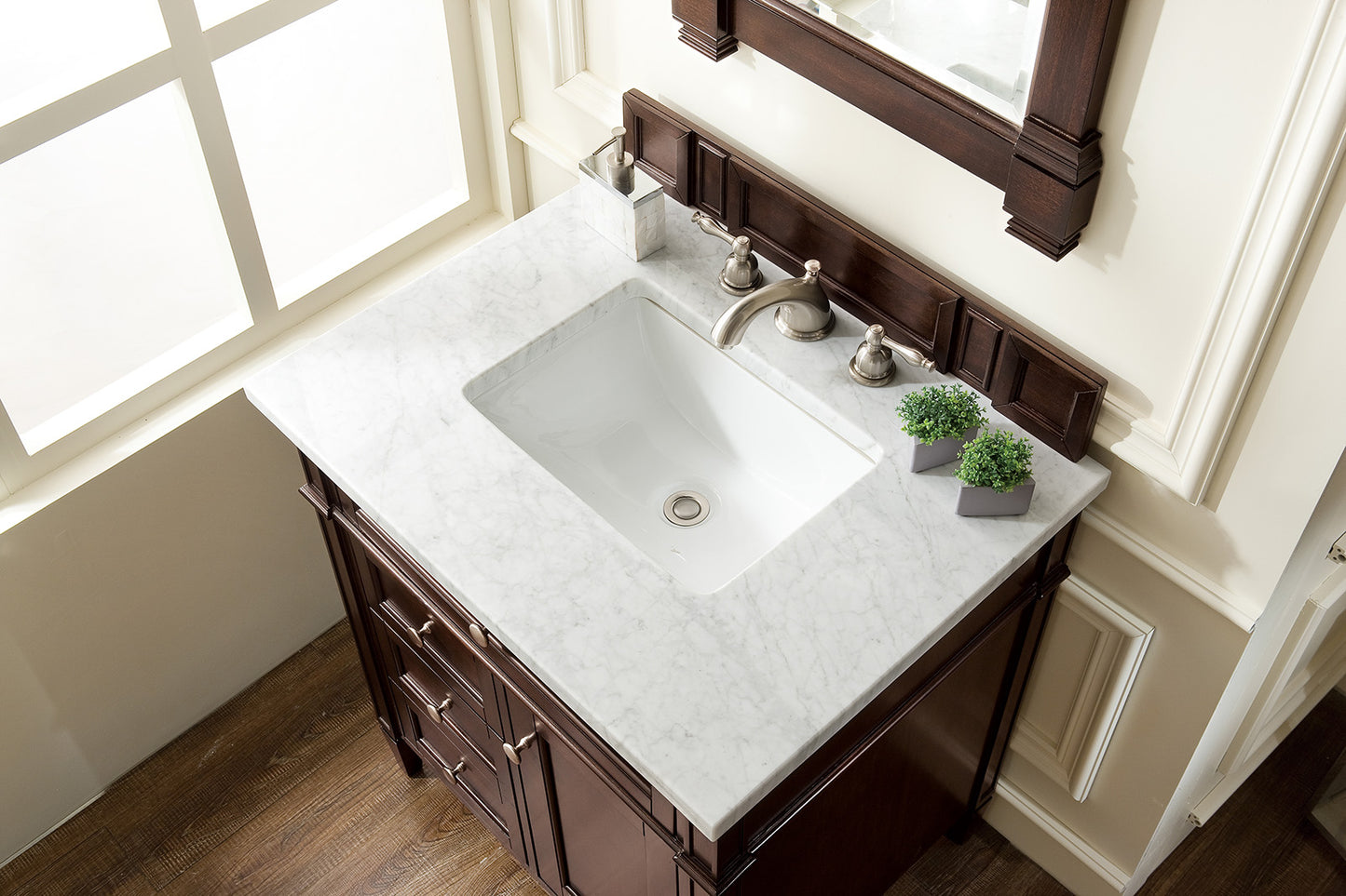 Brittany 30" Single Vanity, Burnished Mahogany w/ 3 CM Carrara Marble Top