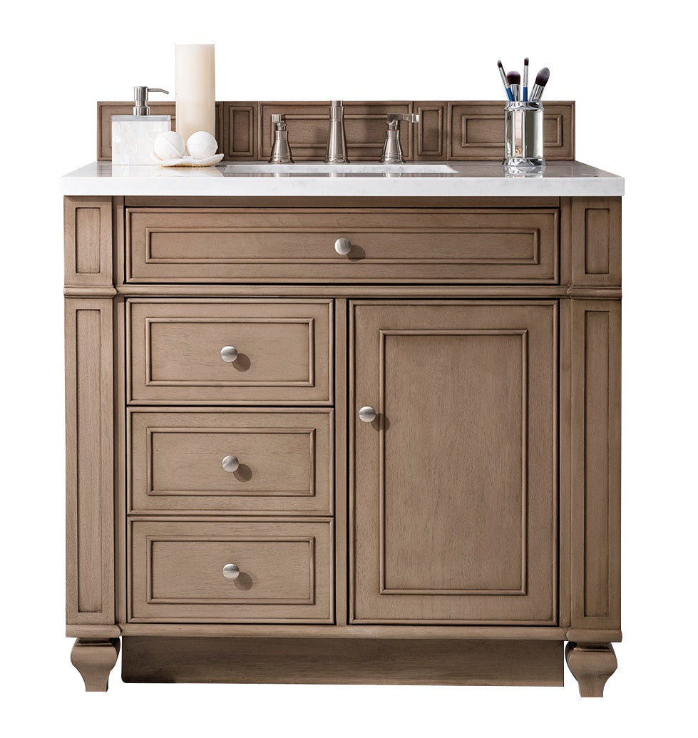 Bristol 36" Single Vanity, Whitewashed Walnut w/ 3 CM Arctic Fall Solid Surface Top