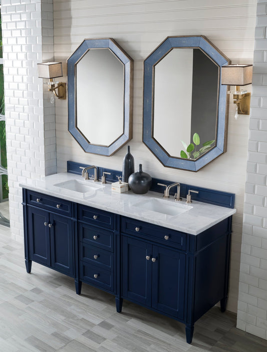 Brittany 72" Double Vanity, Victory Blue w/ 3 CM Carrara Marble Top