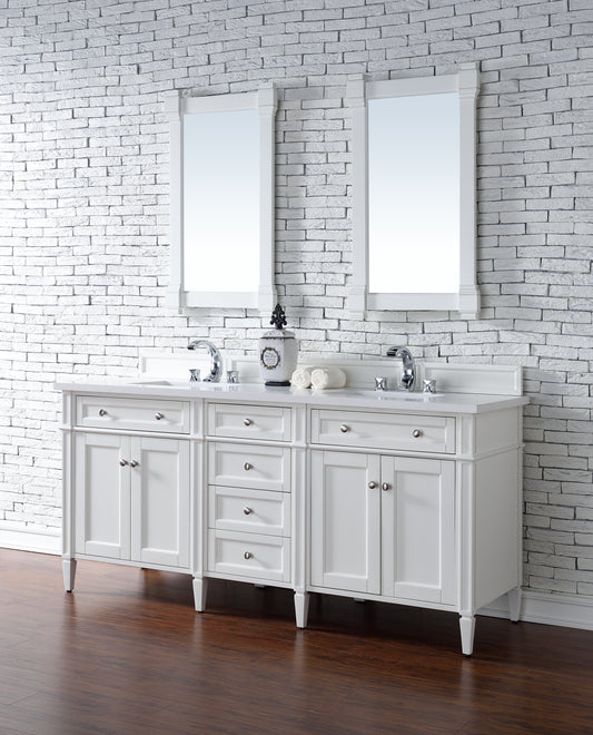 Brittany 72" Double Vanity, Bright White Vanity w/ 3 CM White Zeus Quartz Top