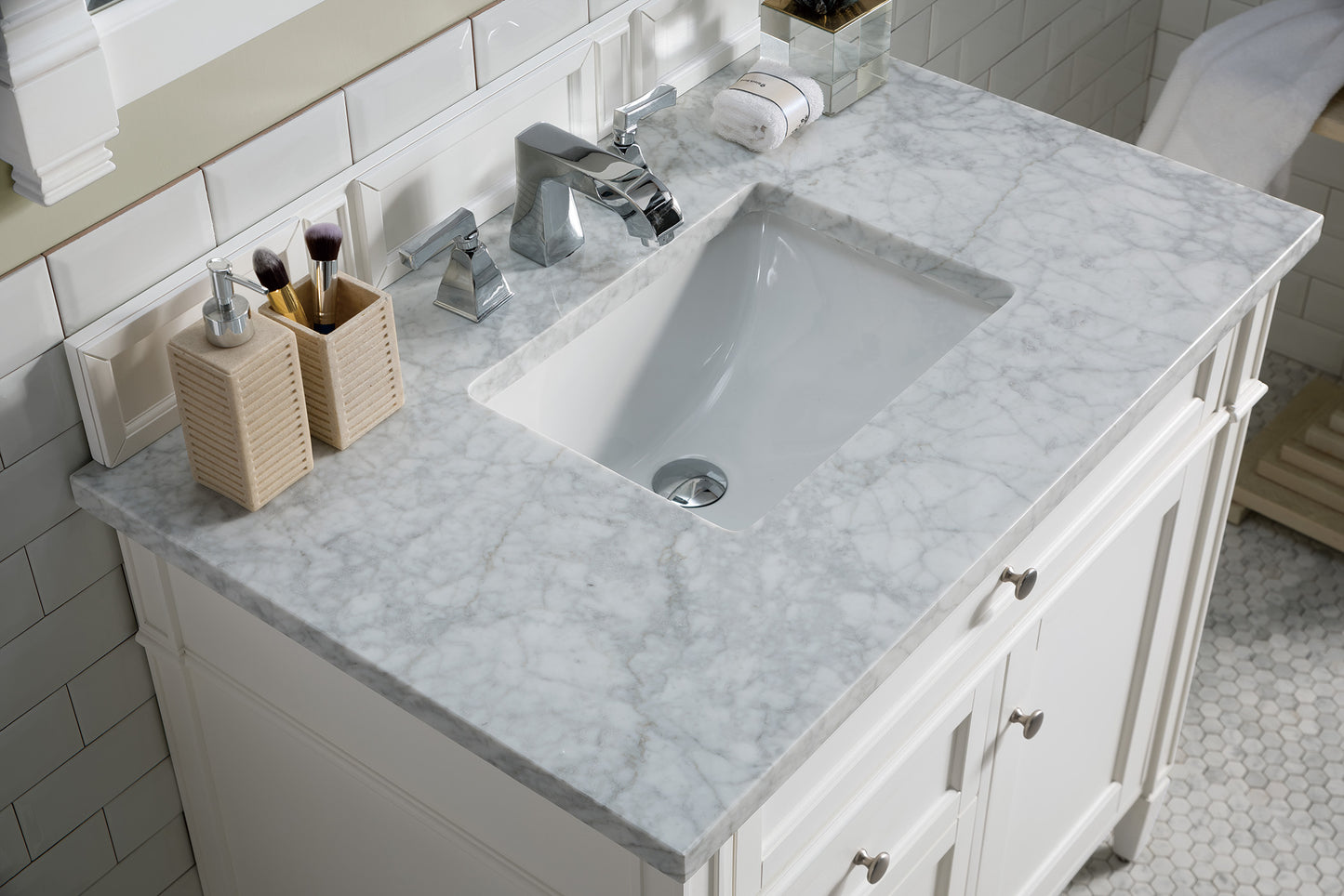 Brittany 36" Single Vanity, Bright White w/ 3 CM Carrara Marble Top