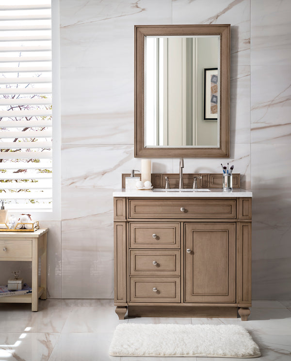 Bristol 36 Single Vanity, Whitewashed Walnut w/ 3 CM Arctic Fall Solid Surface Top