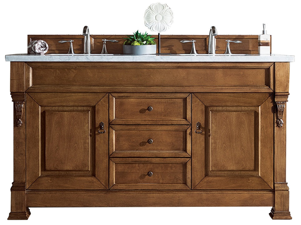 Brookfield 60" Double Vanity, Country Oak w/ 3 CM Arctic Fall Solid Surface Top