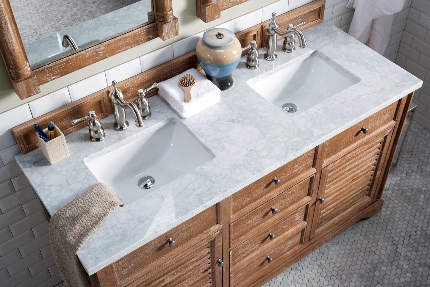 Savannah 60" Double Vanity, Driftwood w/ 3 CM Carrara Marble Top