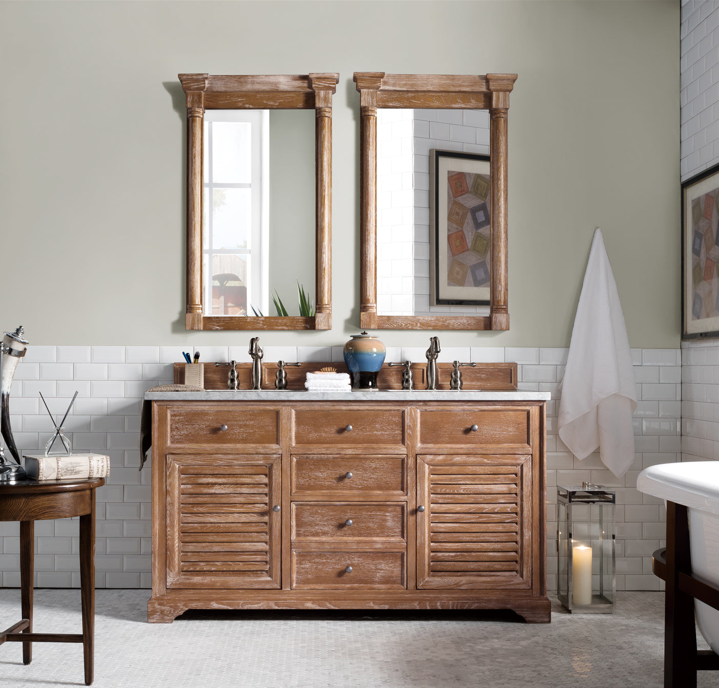 Savannah 60" Double Vanity, Driftwood w/ 3 CM Carrara Marble Top