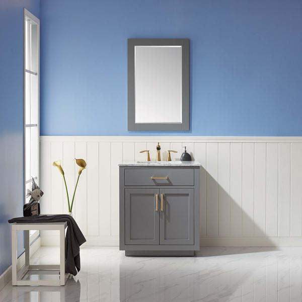 Ivy 30 Single Bathroom Vanity Set in Gray and Carrara White Marble Countertop with Mirror