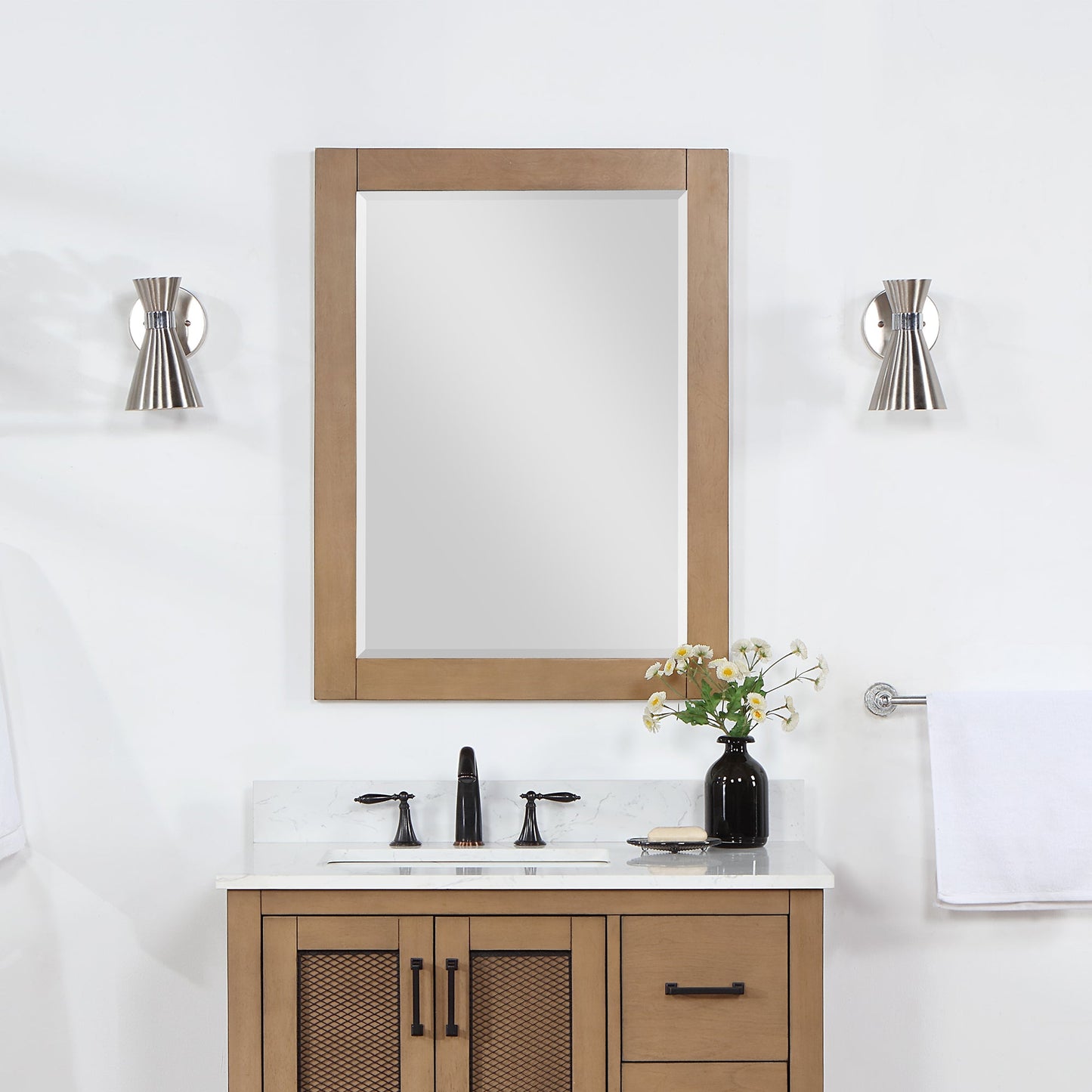 Ivy 28" Rectangular Bathroom Wood Framed Wall Mirror in Brown Pine