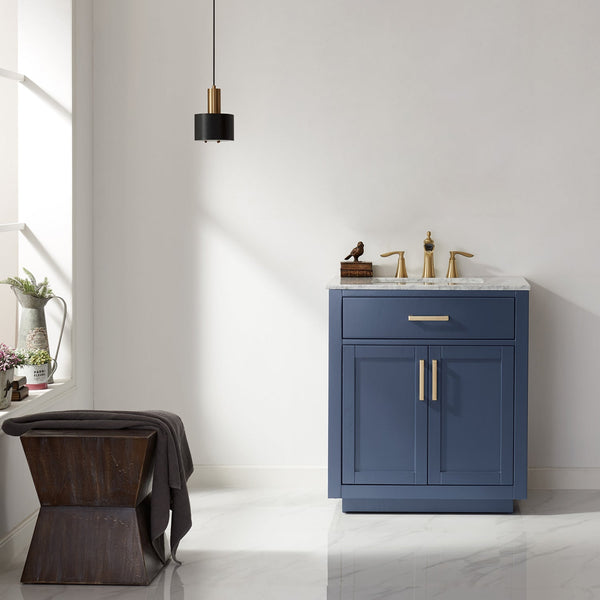 Ivy 30 Single Bathroom Vanity Set in Royal Blue and Carrara White Marble Countertop without Mirror