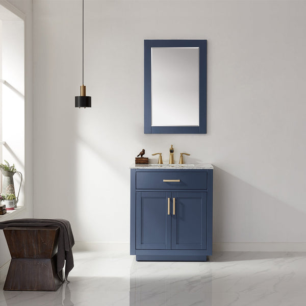 Ivy 30 Single Bathroom Vanity Set in Royal Blue and Carrara White Marble Countertop with Mirror