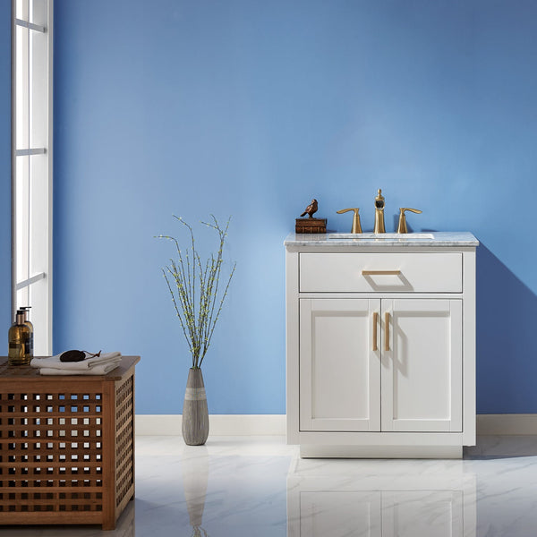 Ivy 30 Single Bathroom Vanity Set in White and Carrara White Marble Countertop without Mirror
