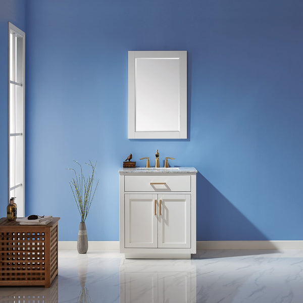 Ivy 30 Single Bathroom Vanity Set in White and Carrara White Marble Countertop with Mirror