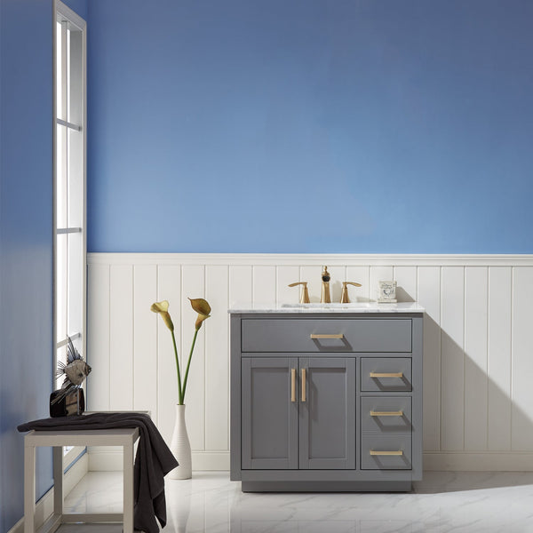 Ivy 36 Single Bathroom Vanity Set in Gray and Carrara White Marble Countertop without Mirror