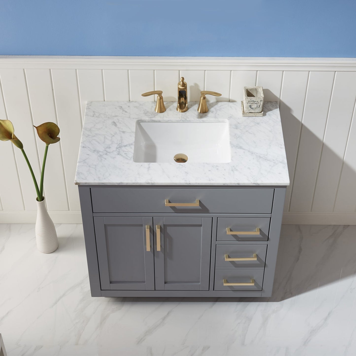Ivy 36" Single Bathroom Vanity Set in Gray and Carrara White Marble Countertop without Mirror