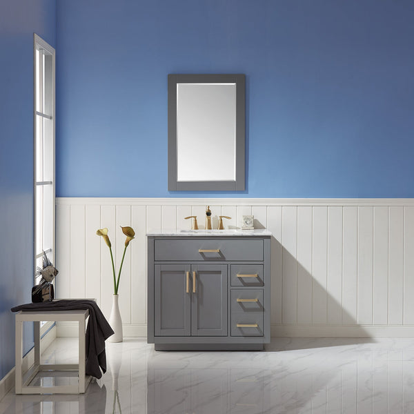 Ivy 36 Single Bathroom Vanity Set in Gray and Carrara White Marble Countertop with Mirror
