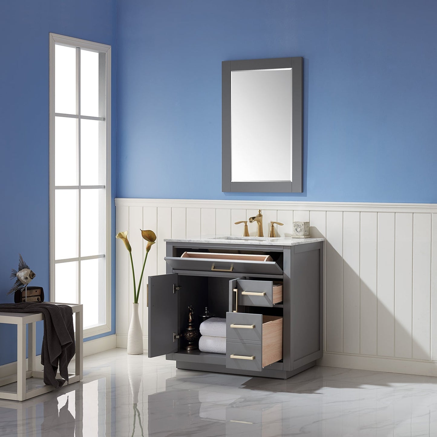 Ivy 36" Single Bathroom Vanity Set in Gray and Carrara White Marble Countertop with Mirror