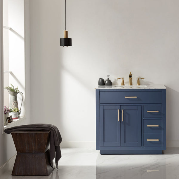 Ivy 36 Single Bathroom Vanity Set in Royal Blue and Carrara White Marble Countertop without Mirror