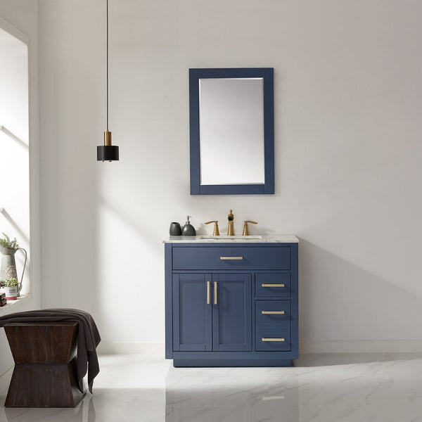 Ivy 36 Single Bathroom Vanity Set in Royal Blue and Carrara White Marble Countertop with Mirror
