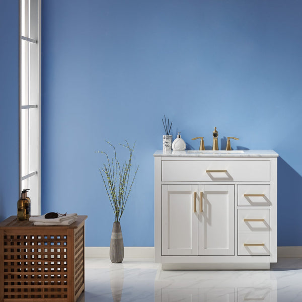 Ivy 36 Single Bathroom Vanity Set in White and Carrara White Marble Countertop without Mirror