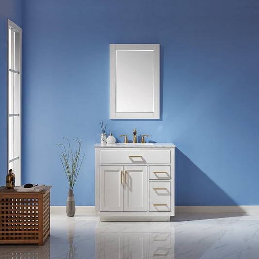 Ivy 36" Single Bathroom Vanity Set in White and Carrara White Marble Countertop with Mirror
