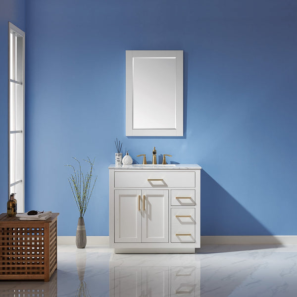 Ivy 36 Single Bathroom Vanity Set in White and Carrara White Marble Countertop with Mirror