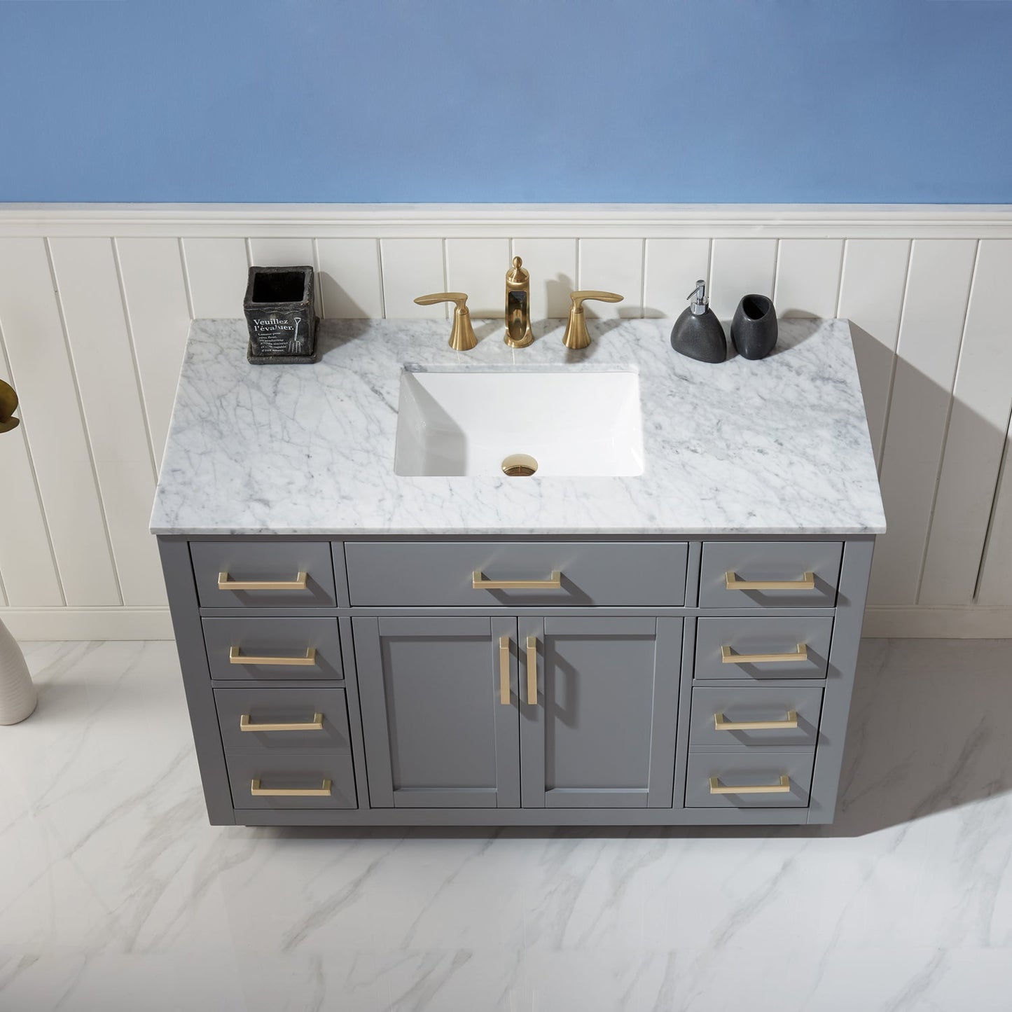 Ivy 48" Single Bathroom Vanity Set in Gray and Carrara White Marble Countertop without Mirror