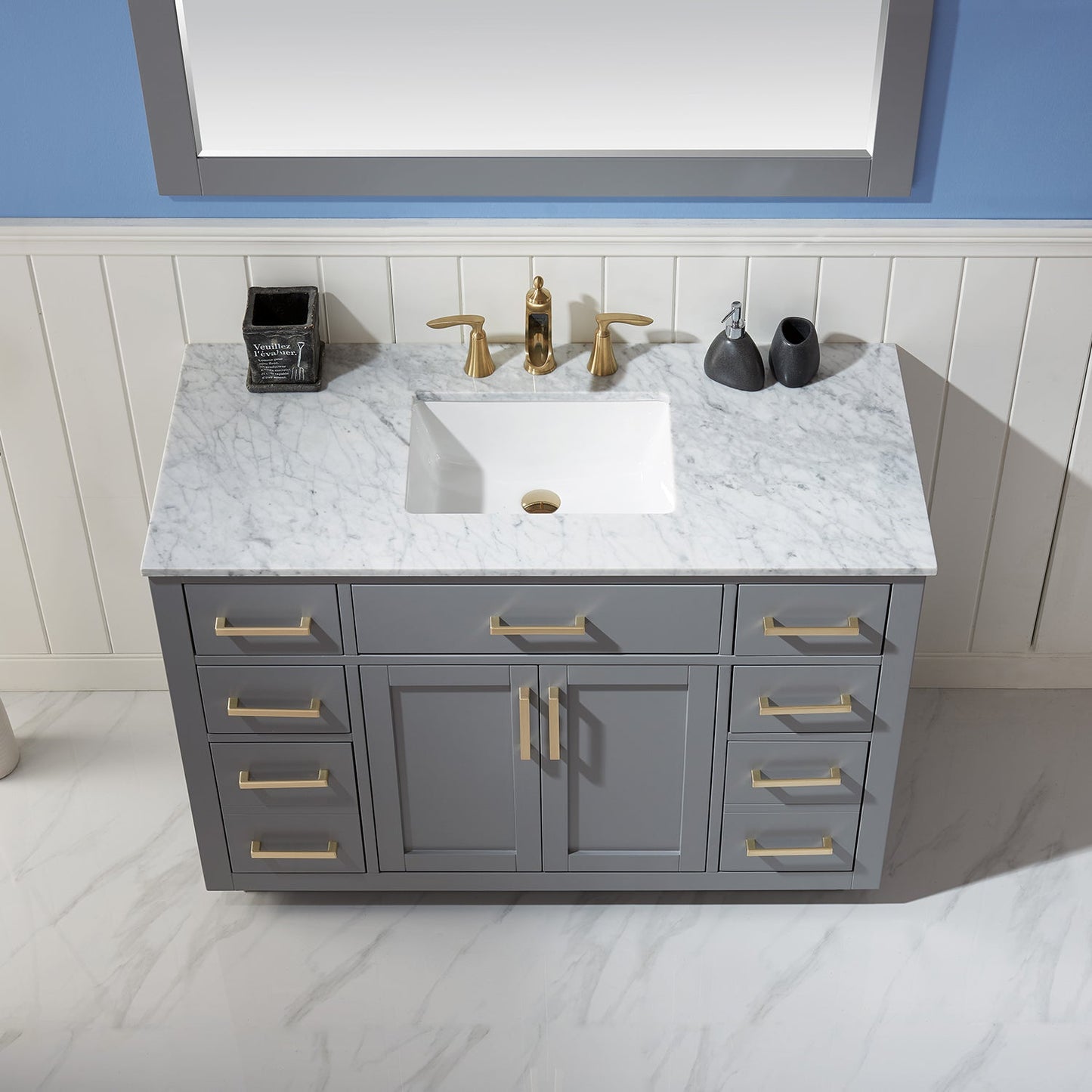 Ivy 48" Single Bathroom Vanity Set in Gray and Carrara White Marble Countertop with Mirror