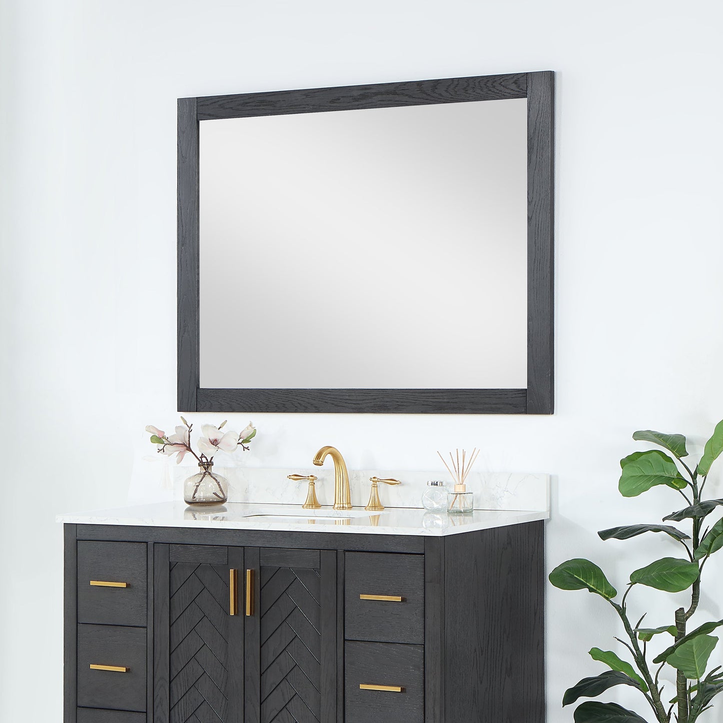 Ivy 48" Rectangular Bathroom Wood Framed Wall Mirror in Brown Oak