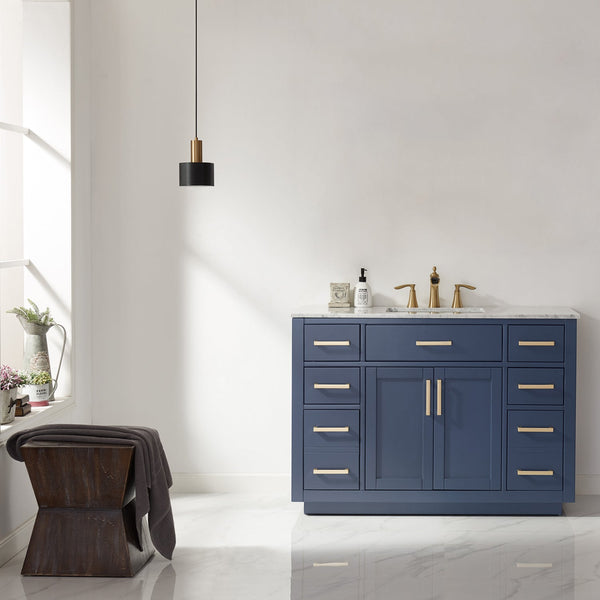 Ivy 48 Single Bathroom Vanity Set in Royal Blue and Carrara White Marble Countertop without Mirror