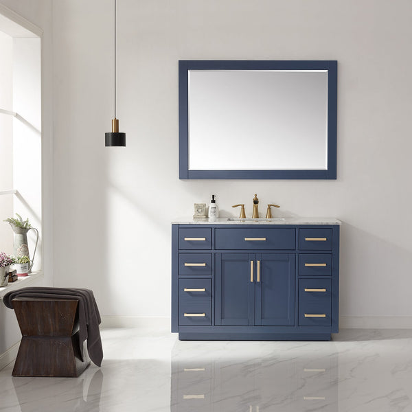 Ivy 48 Single Bathroom Vanity Set in Royal Blue and Carrara White Marble Countertop with Mirror