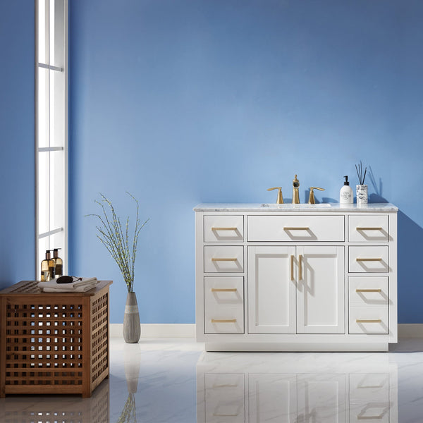 Ivy 48 Single Bathroom Vanity Set in White and Carrara White Marble Countertop without Mirror