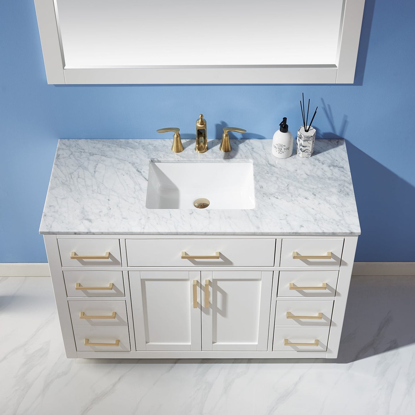 Ivy 48" Single Bathroom Vanity Set in White and Carrara White Marble Countertop with Mirror