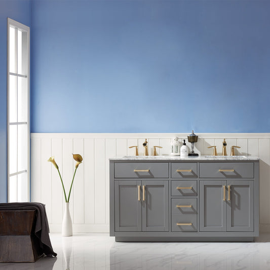 Ivy 60" Double Bathroom Vanity Set in Gray and Carrara White Marble Countertop without Mirror