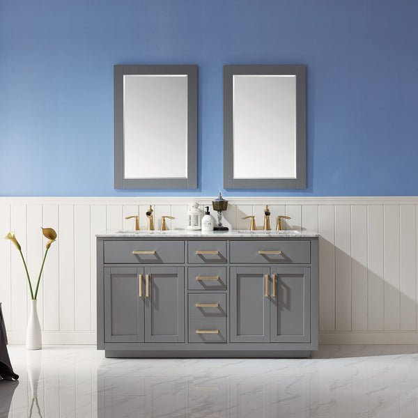 Ivy 60 Double Bathroom Vanity Set in Gray and Carrara White Marble Countertop with Mirror