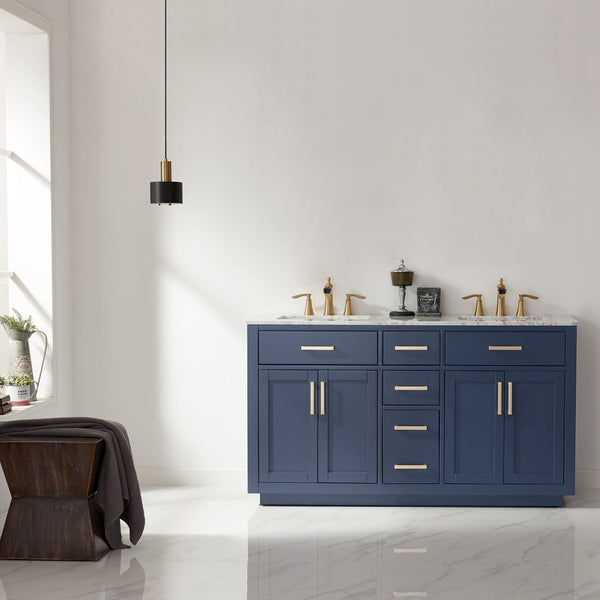 Ivy 60 Double Bathroom Vanity Set in Royal Blue and Carrara White Marble Countertop without Mirror
