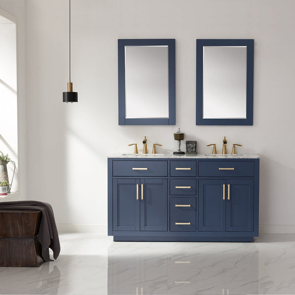 Ivy 60 Double Bathroom Vanity Set in Royal Blue and Carrara White Marble Countertop with Mirror