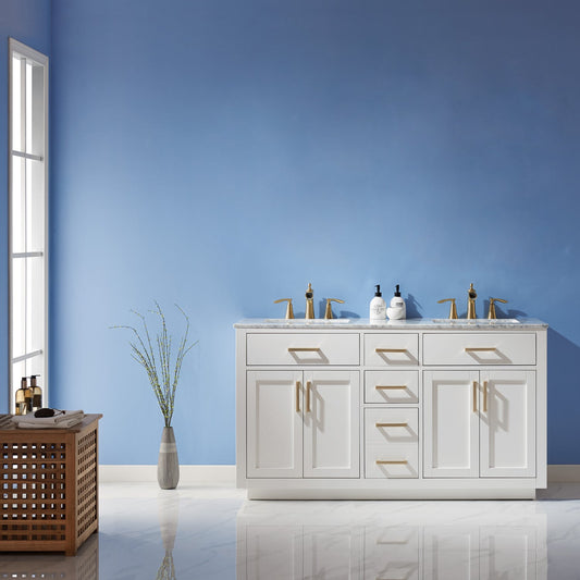 Ivy 60" Double Bathroom Vanity Set in White and Carrara White Marble Countertop without Mirror