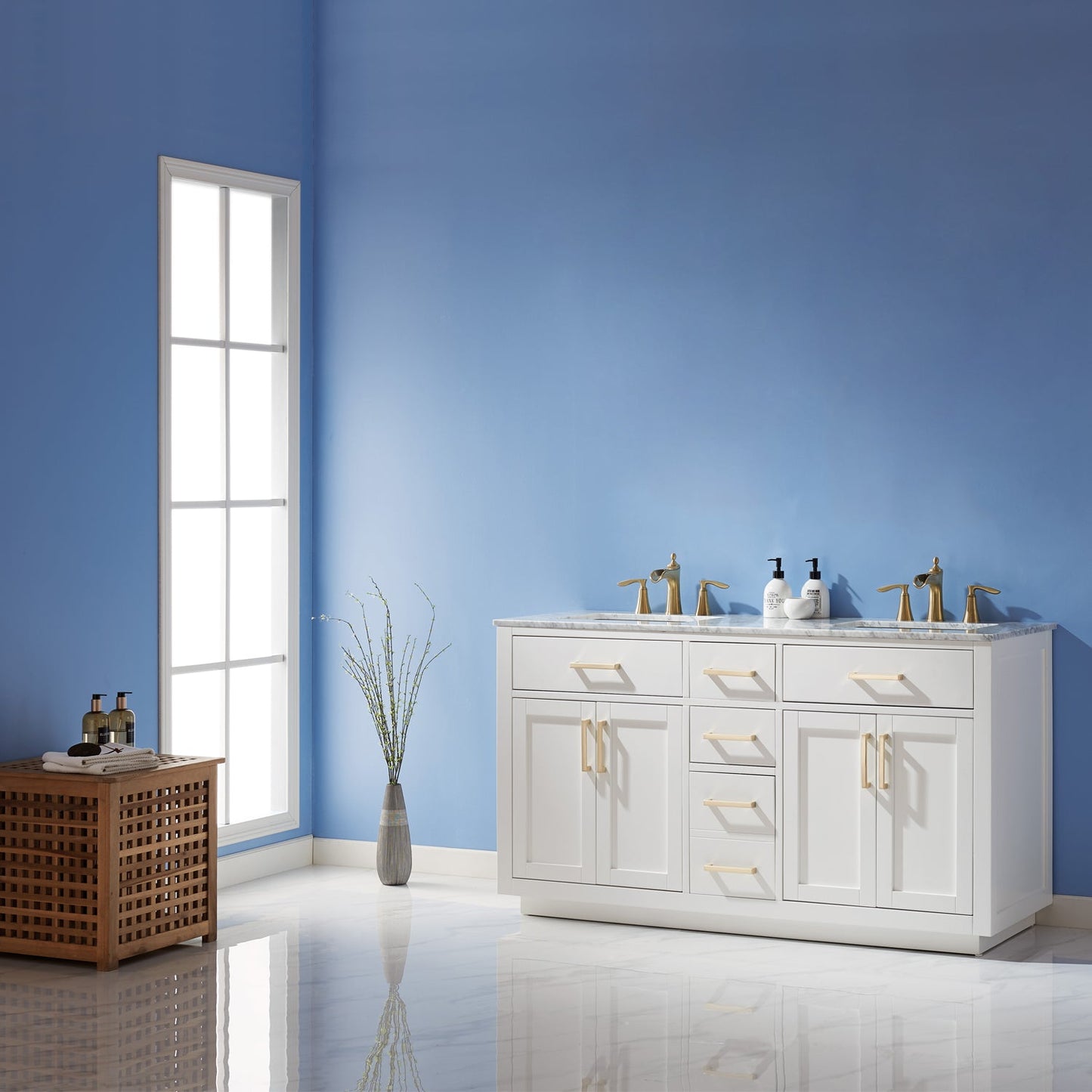 Ivy 60" Double Bathroom Vanity Set in White and Carrara White Marble Countertop without Mirror