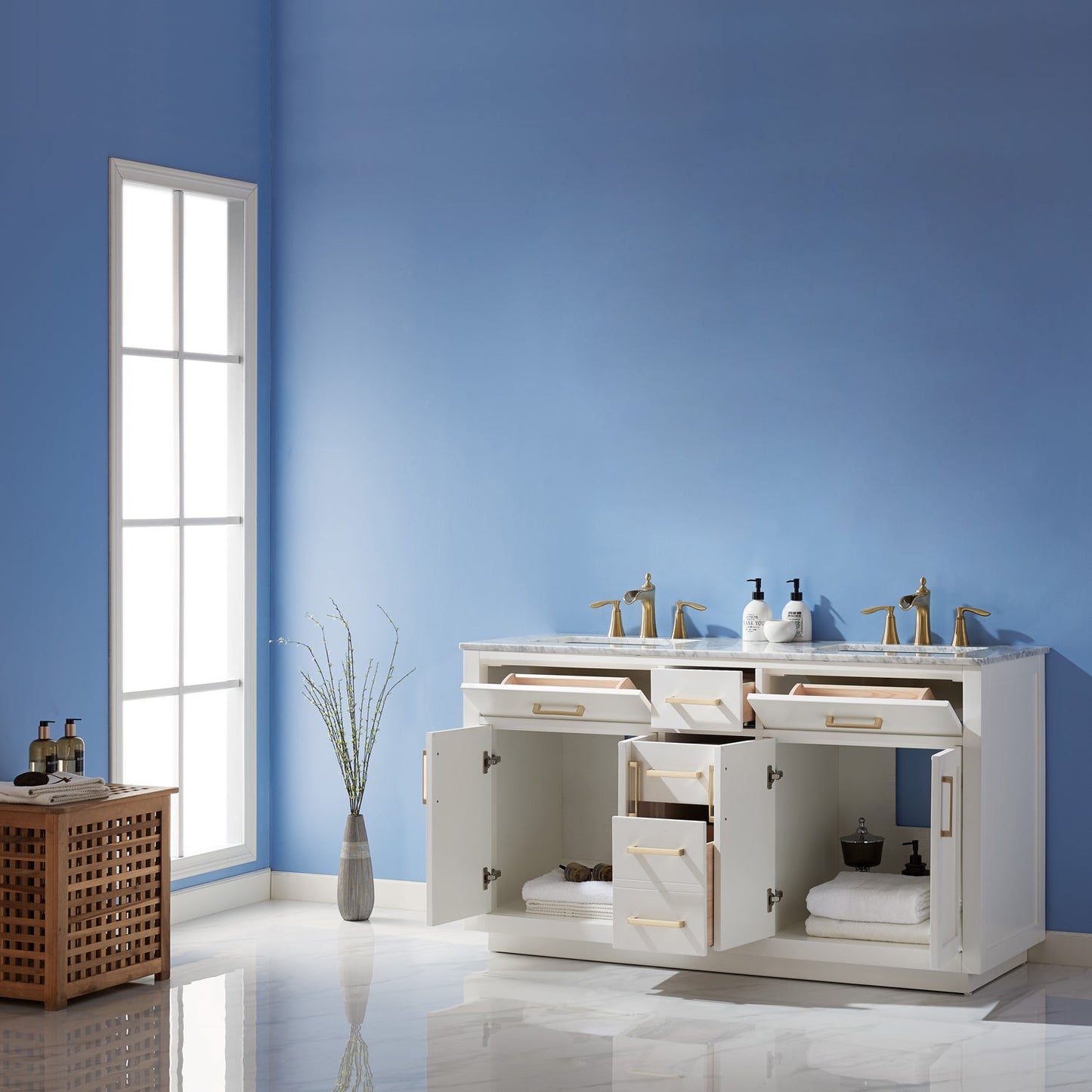 Ivy 60" Double Bathroom Vanity Set in White and Carrara White Marble Countertop without Mirror