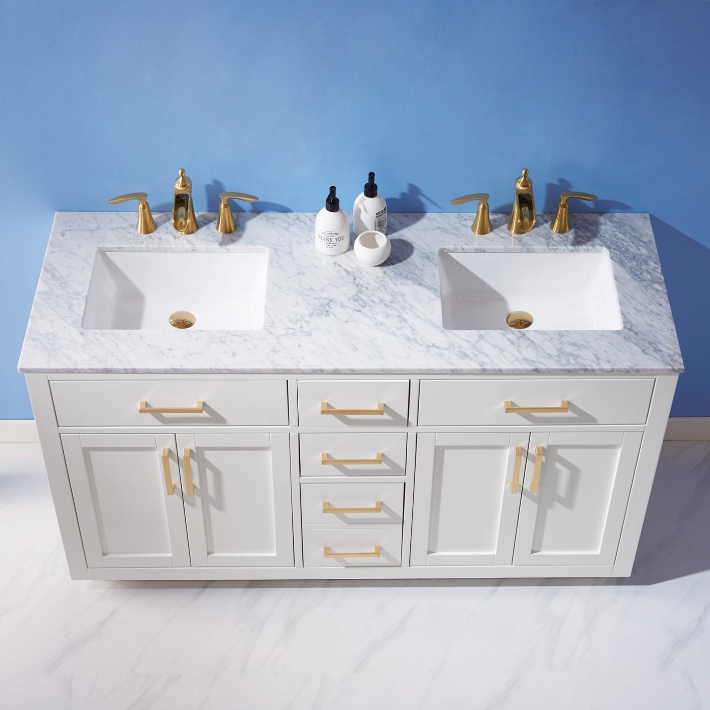 Ivy 60" Double Bathroom Vanity Set in White and Carrara White Marble Countertop without Mirror