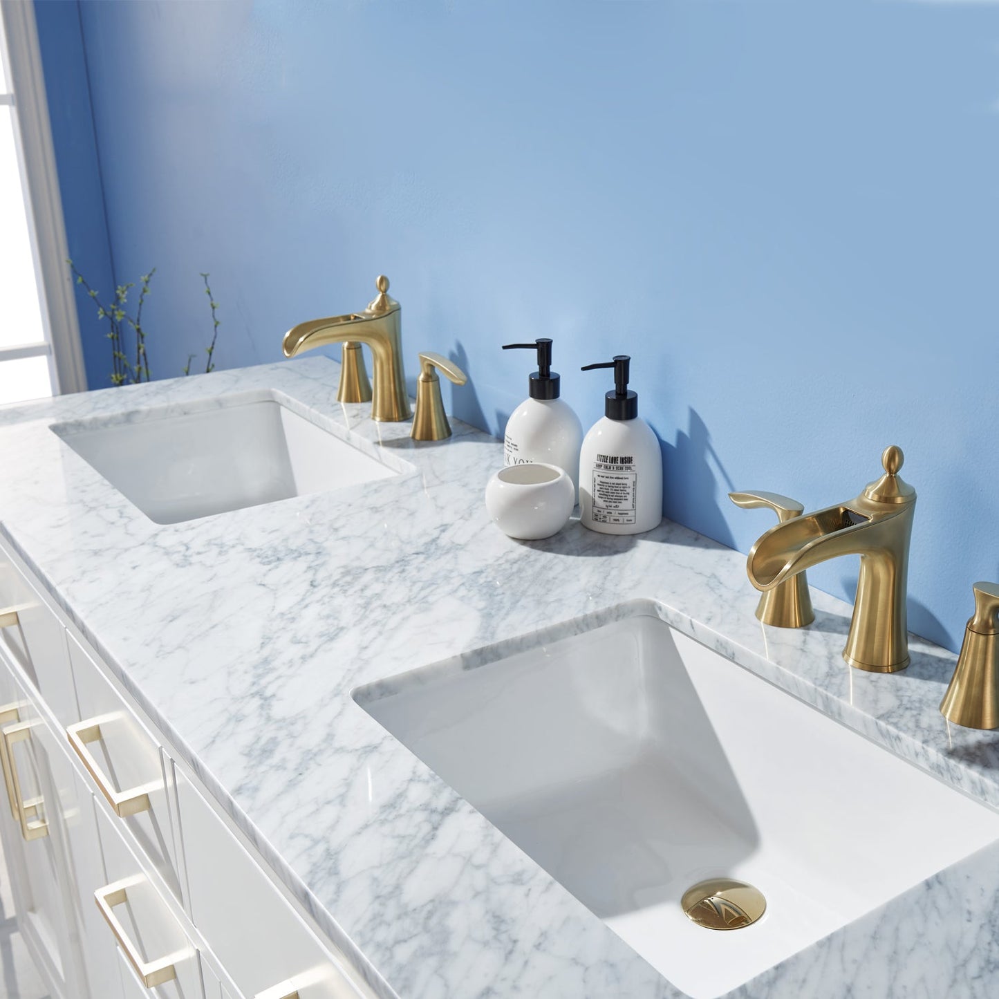 Ivy 60" Double Bathroom Vanity Set in White and Carrara White Marble Countertop without Mirror