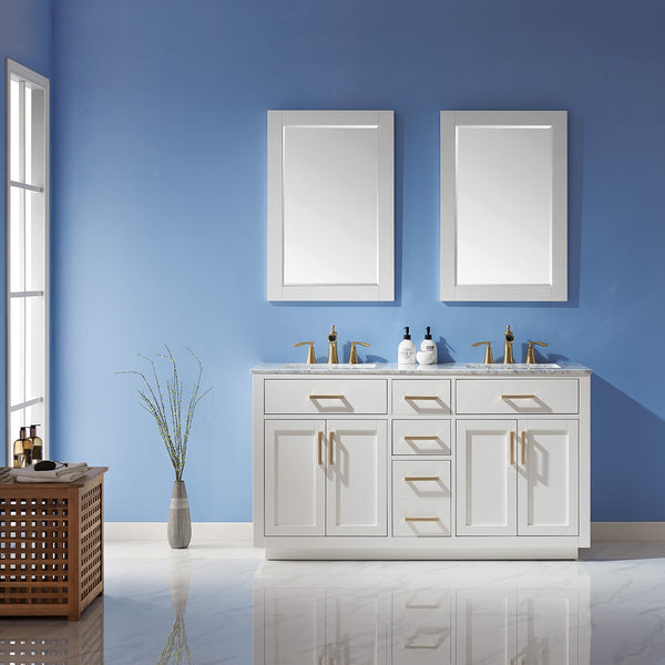 Ivy 60 Double Bathroom Vanity Set in White and Carrara White Marble Countertop with Mirror