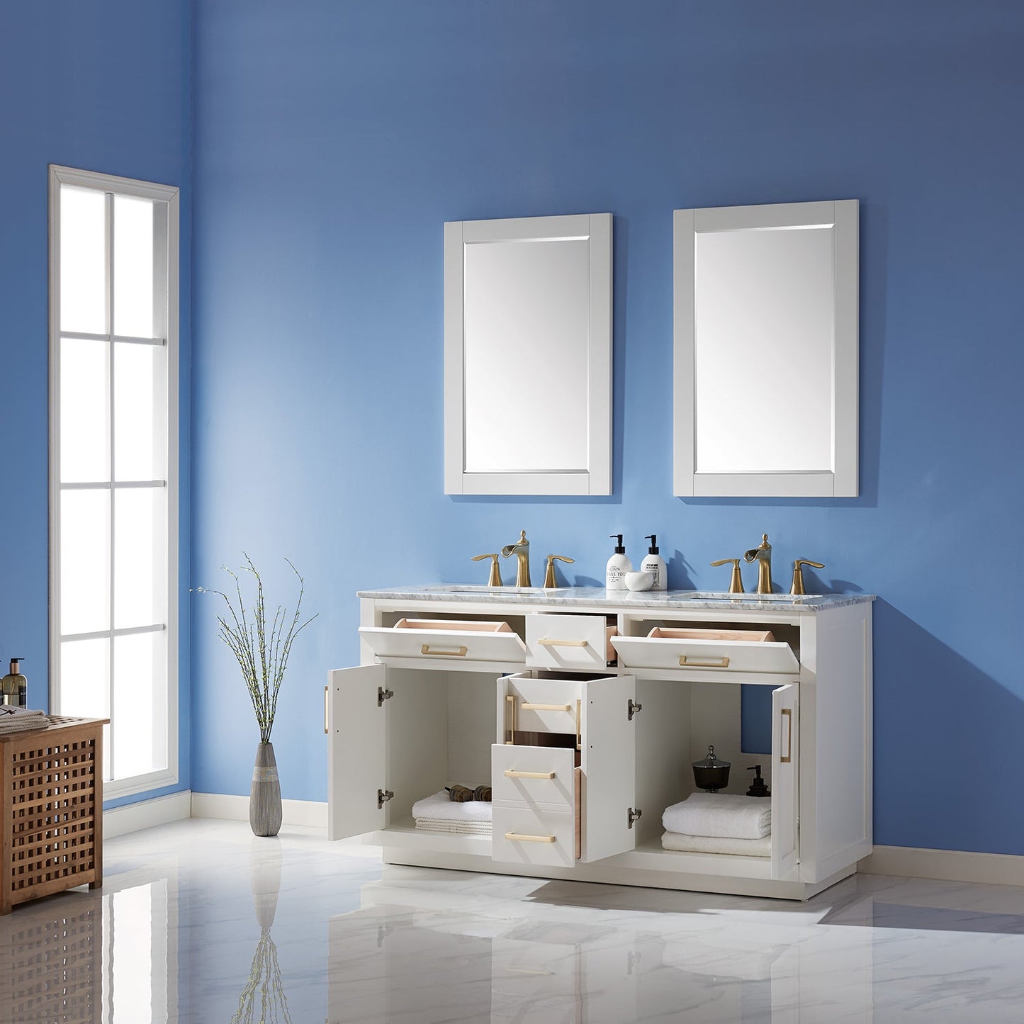 Ivy 60" Double Bathroom Vanity Set in White and Carrara White Marble Countertop with Mirror
