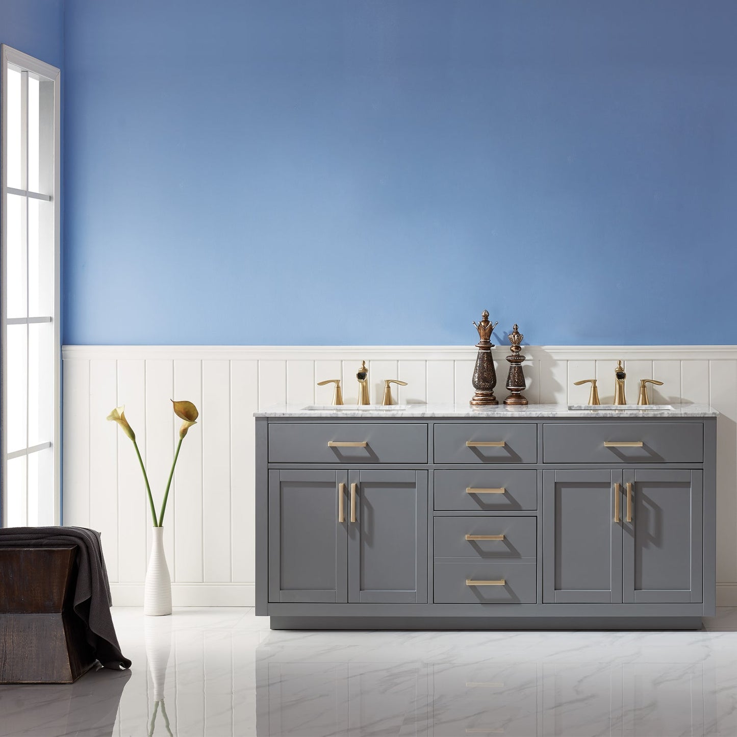 Ivy 72" Double Bathroom Vanity Set in Gray and Carrara White Marble Countertop without Mirror