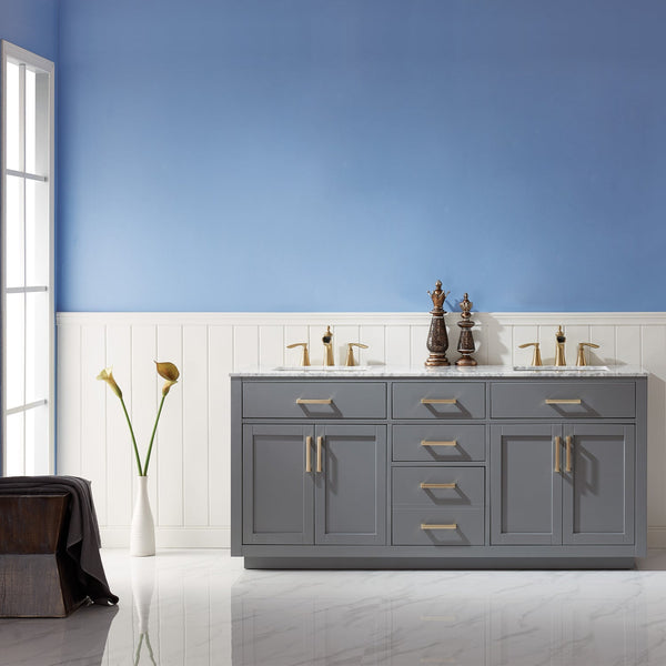 Ivy 72 Double Bathroom Vanity Set in Gray and Carrara White Marble Countertop without Mirror