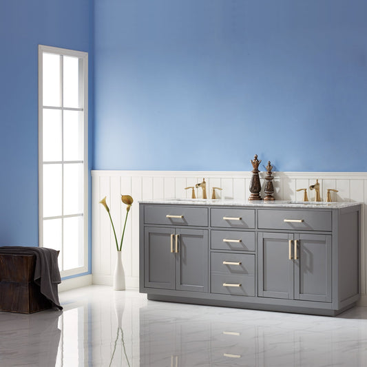 Ivy 72" Double Bathroom Vanity Set in Gray and Carrara White Marble Countertop without Mirror